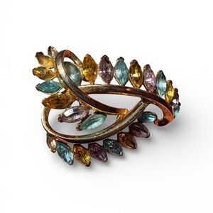 Vintage Signed Crown Trifari Multicolor Pastel Rhinestone Gold Tone Brooch